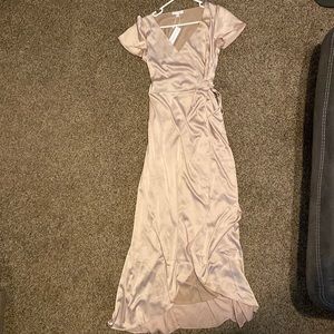 Baltic Born: Krystal Satin Wrap Gown- Champagne